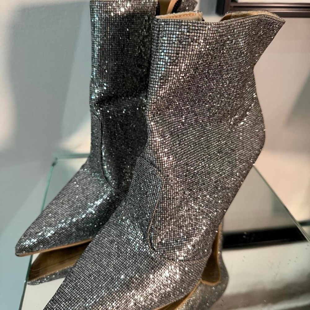 Silver Glitter Pointed Toe Ankle Boots High Stiletto Heel Party Booties